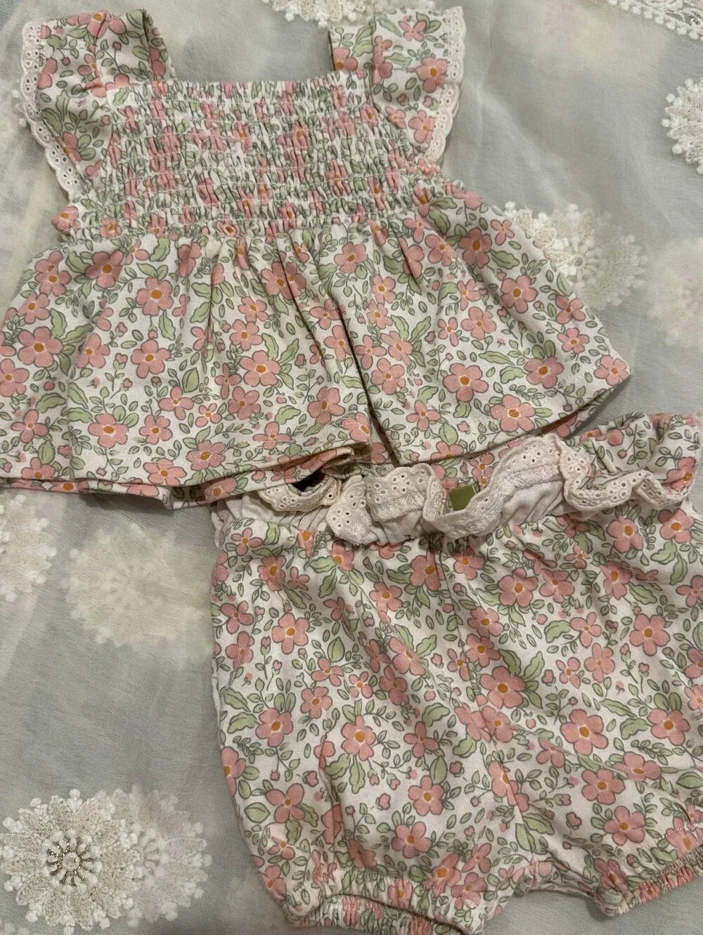 Nicole Miller Pink and Cream Floral Smocked Diaper Cover Set